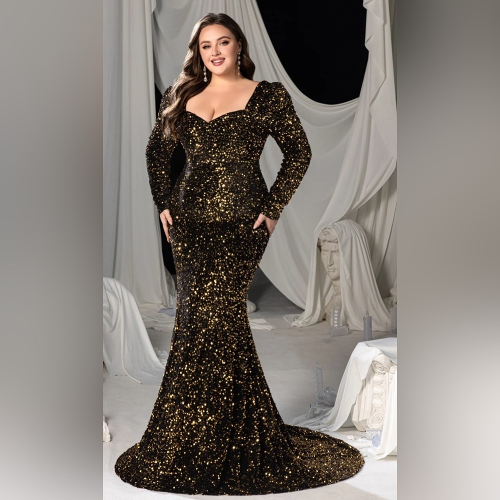 NWOT FAERIESTY SZ 2XL (16) BLACK & GOLD Formal Sequin Evening Gown #FSWD8035P
